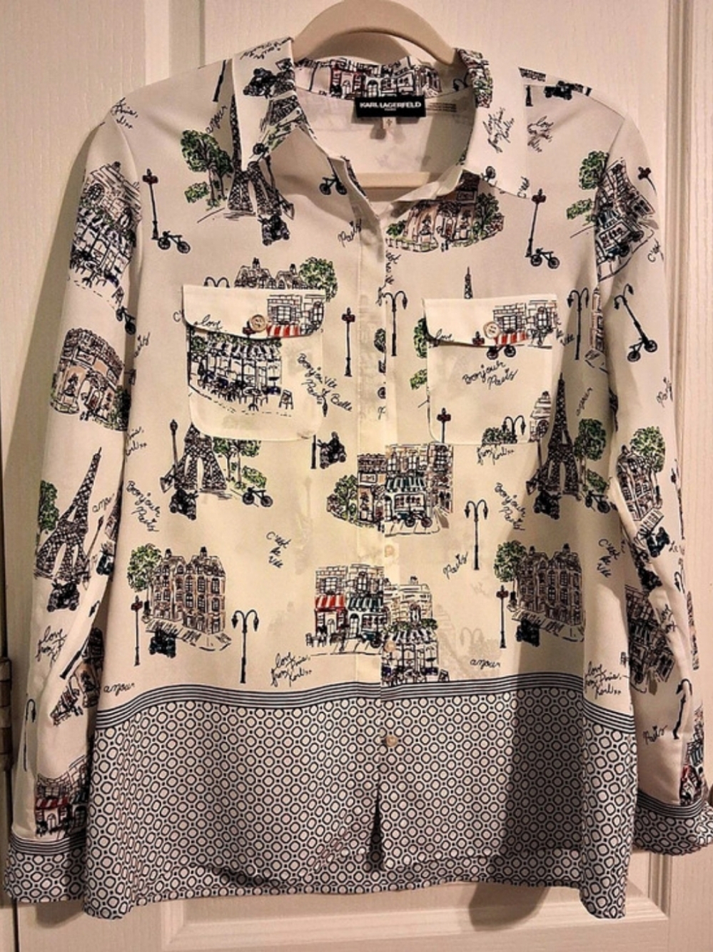 Karl Lagerfeld Paris Sketch Printed Blouse Medium White & Black